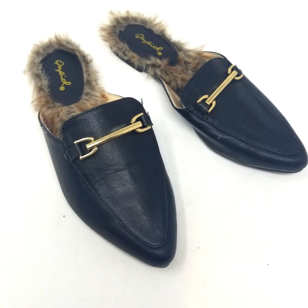 Qupid Black Gold Faux Fur Mules - Size 4/5 Womens